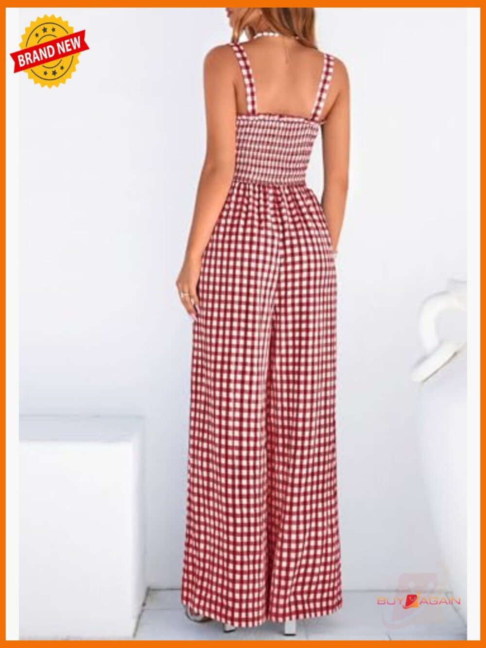 Womens Gingham Jumpsuit Square Neck Smocked Bodice Wide Leg Romper - Picture 4 of 7